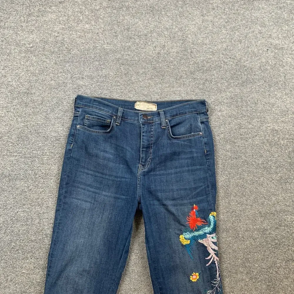 Free People Jeans Womens 30 Blue Embroidered Bird Skinny High Rise Raw Hem Denim